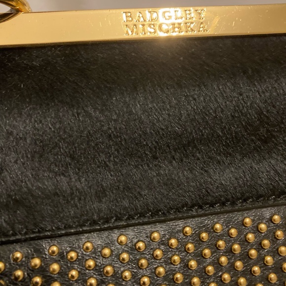 Black Leather Badgley Mischka Handbag Gold Detail - Picture 7 of 9